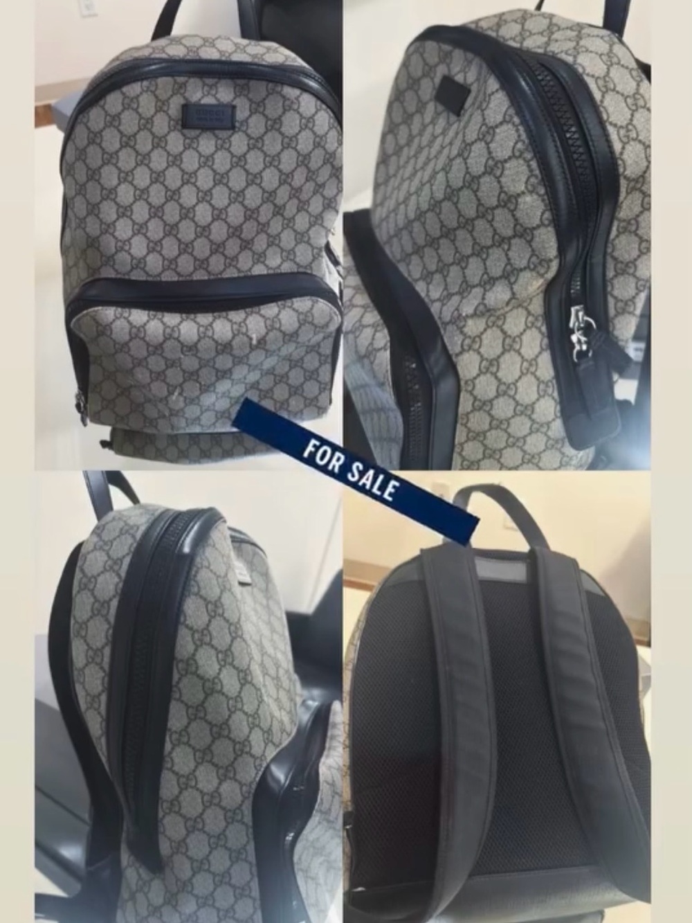 Gucci Beige GG Supreme Canvas Backpack with Black Trim